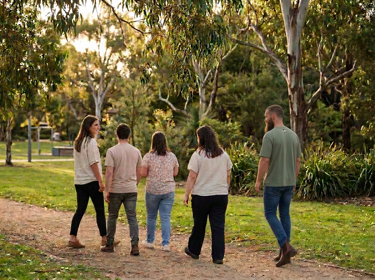 A small group of young adults walking with a support worker along a path in a leafy Australian park